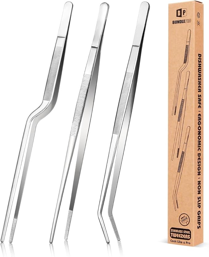 Fine Cooking Tweezers Set, Professional Stainless Steel Food Tongs, Kitchen Black Long Chef Tweezer for Cooking, Plating, Decorating and BBQ (BLACK, 10 inch)