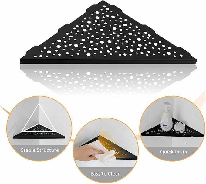 Black 10’’ Corner Shower Shelf 2 Pack, Triangular Shower Corner Shelves 304 Stainless Steel Bathroom Shower Shelf for Tiled Wall, No Drilling Needed Matte Black