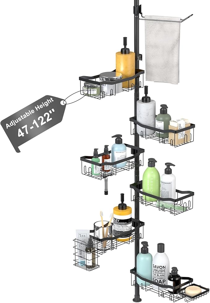Shower Caddy Corner, 6 Tier Tension Pole Rod Bathroom Organizer Shelves, Adjustable Bathtub Shampoo Stand Rack with Towel Rack 2 Holders for Inside Shower Storage, Floor to Ceiling 47-122 Inch, Black