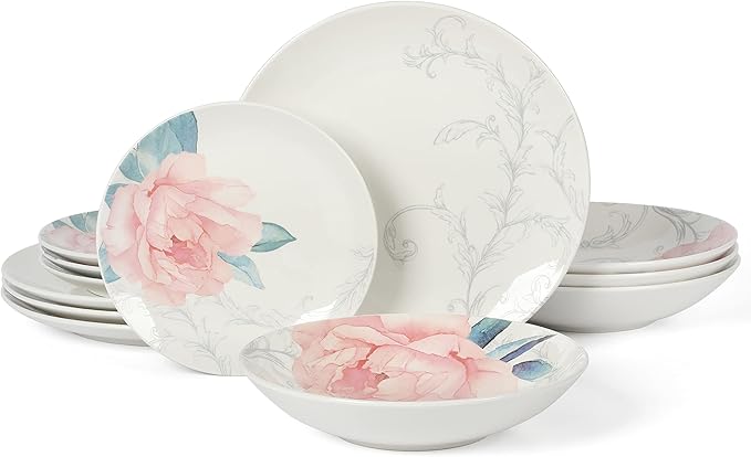 Martha Stewart Dinnerware Set- Maiden Crown 12-Piece Sky Blue Dishes – New Bone China Ceramic Plates & Bowls – Floral Design – Service for 4 – Microwave & Dishwasher Safe