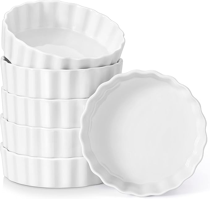 LOVECASA Ceramic Mini Pie Pans Set of 6-5.5 Inch Oven Safe Small Pie Dishes, Nonstick Mini Pot Pie Baking Tins for Chicken Pot Pie, Tarts, Quiches & Desserts, Stackable Ruffled Rims, White