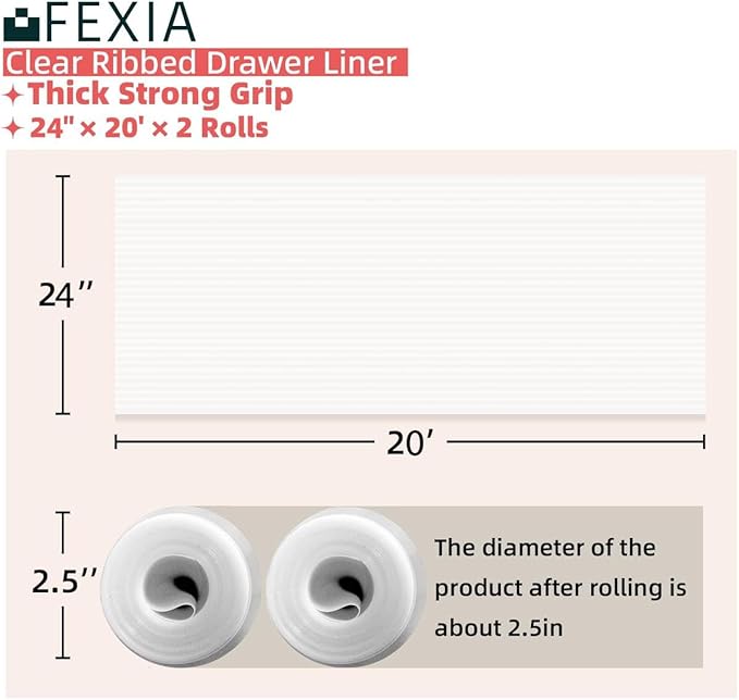 FEXIA 2 Rolls Shelf Liners for Kitchen Cabinets Non-Slip Drawer Liner 24 Inches x 20 FT Waterproof & Oil-Proof Non Adhesive Durable Material Fridge Liner for Shelves