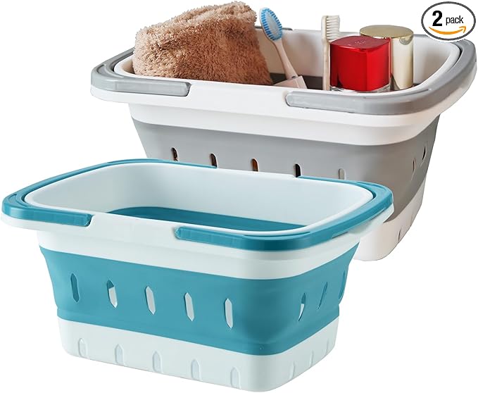 Portable Folding Plastic Bath Shower Caddy with Handle 2 Pack, Perforated, Collapse Travel Bathroom Organizer for Bedroom, College, Shower, Dorm Room, Camping and RV Use (Grey/Blue, 2 pack)