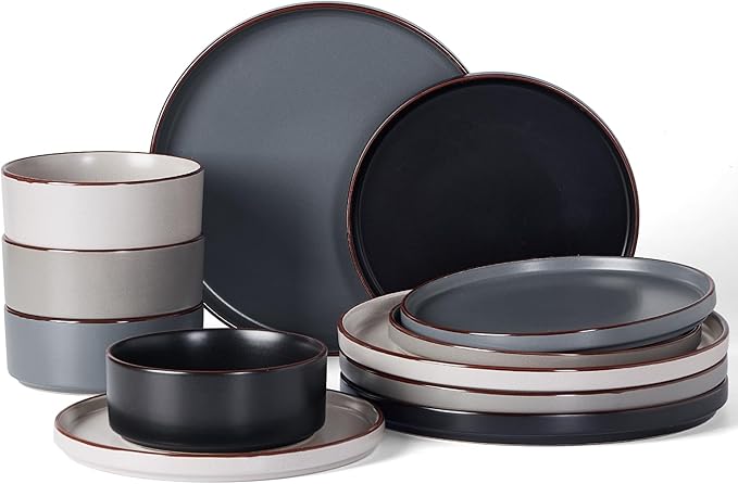 Famiware Nebula Ridge 12-Piece Stoneware Dinnerware Set, Dark Green