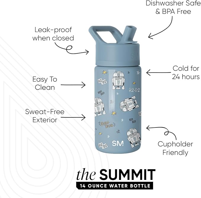 Simple Modern Kids Summit Water Bottle with Straw Lid | Star Wars 14oz Stainless Steel Cup Insulated Tumbler for Boys, School | R2D2 Rebel Droid