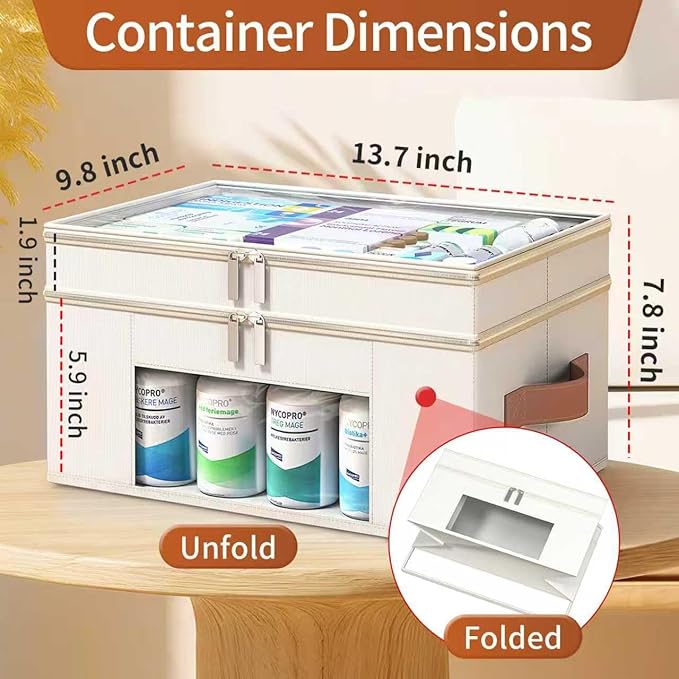 Medicine Organizer for Cabinet, 2-Tier Foldable Medicine Storage Box with Clear Cover and Leather Handle, Empty First Aid Kit for Home and Travel