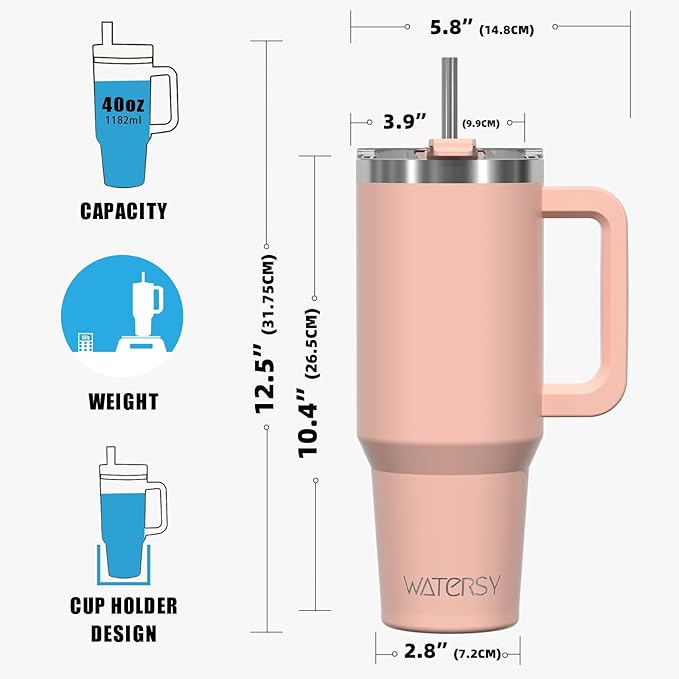 40 oz Tumbler with Handle,Tumbler with Lid and Straw,Double Wall Insulated Cup Stainless Steel Travel Mug(Cold for 34 Hours),Water Bottle for Iced Tea,Coffee,Cold Beverages(Pink)