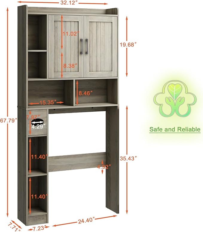 Farmhouse Storage Cabinet Over Toilet with 2 Barn Doors & Toilet Paper Holder Stand, Space-Saving Bathroom Rack
