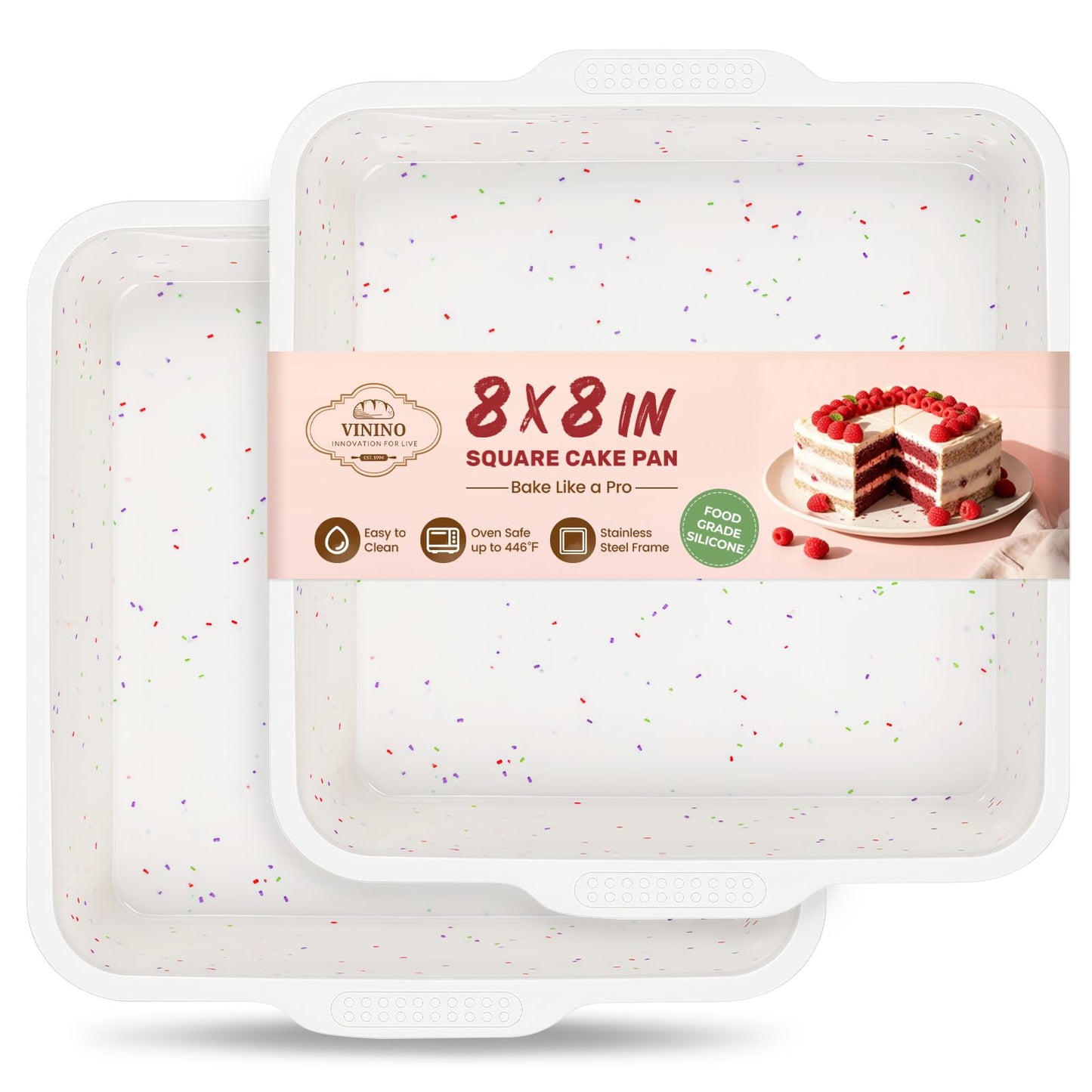 Vinino 8 x 8 Inch Silicone Brownie Pan, 2 Pack Square Mold with Steel Frame