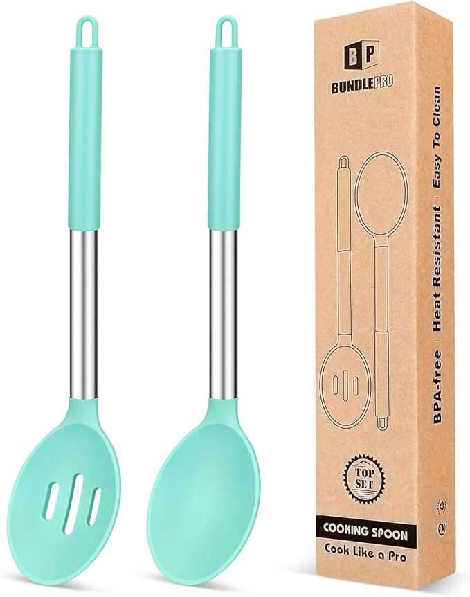 BUNDLEPRO Silicone Cooking Spoons for Nonstick Cookware, 2 Pack, KHAKI