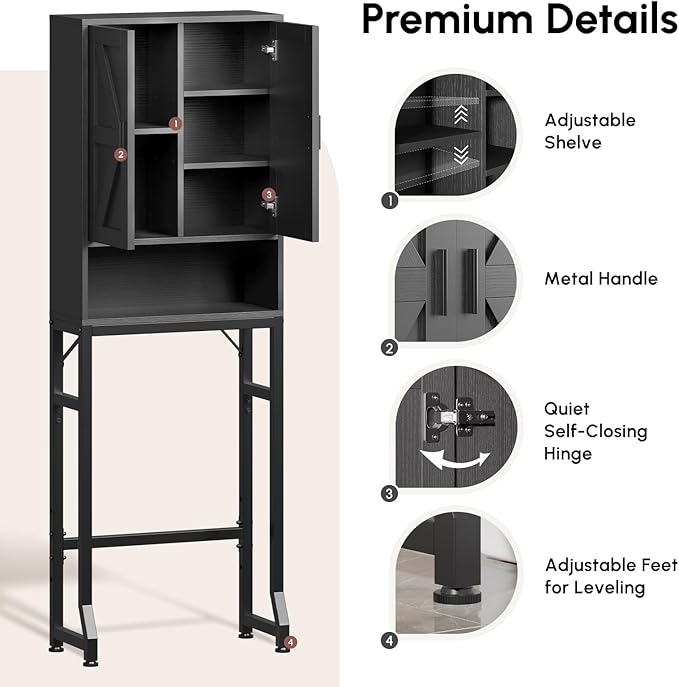 USHOWER Over The Toilet Storage Cabinet, Bathroom Organizers and Storage with Barn Doors, Thicken Metal Stand & MDF Wood Above Toilet Storage Cabinet, Freestanding Space Saver, Black