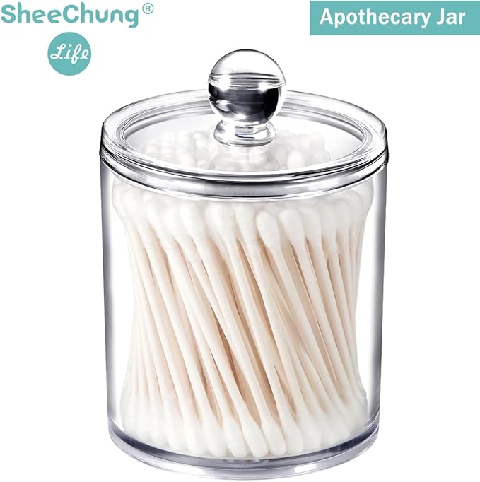 SheeChung Clear Acrylic Qtip Holder with Labels–Shatterproof Plastic Apothecary Jars for Bathroom Organization–Vanity Cotton Swab Holder Canisters for Cotton Balls, Pads, Floss Picks-Minimalist Decor