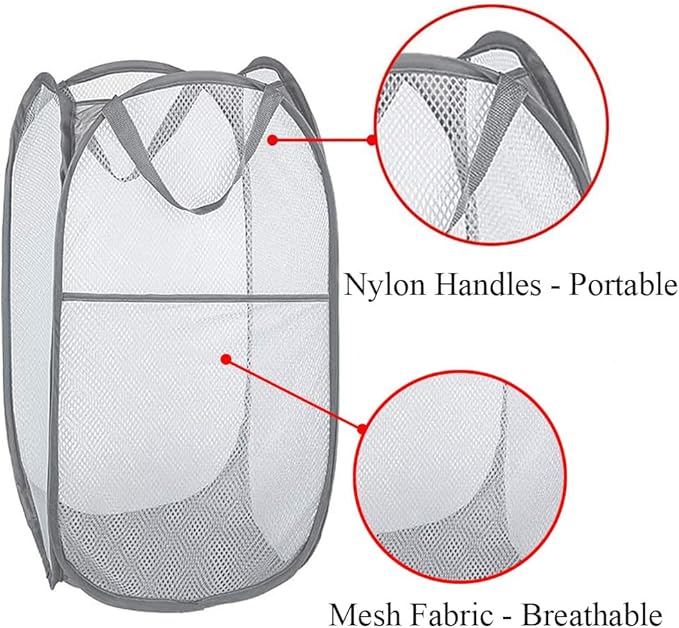 Larpur Pack of 3 Pop up Laundry Hampers, Collapsible Laundry Baskets, Portable Mesh Clothes Hampers for Home Room, College Dorm, Apartment, Foldable Hamper with Carry Handles, Gray