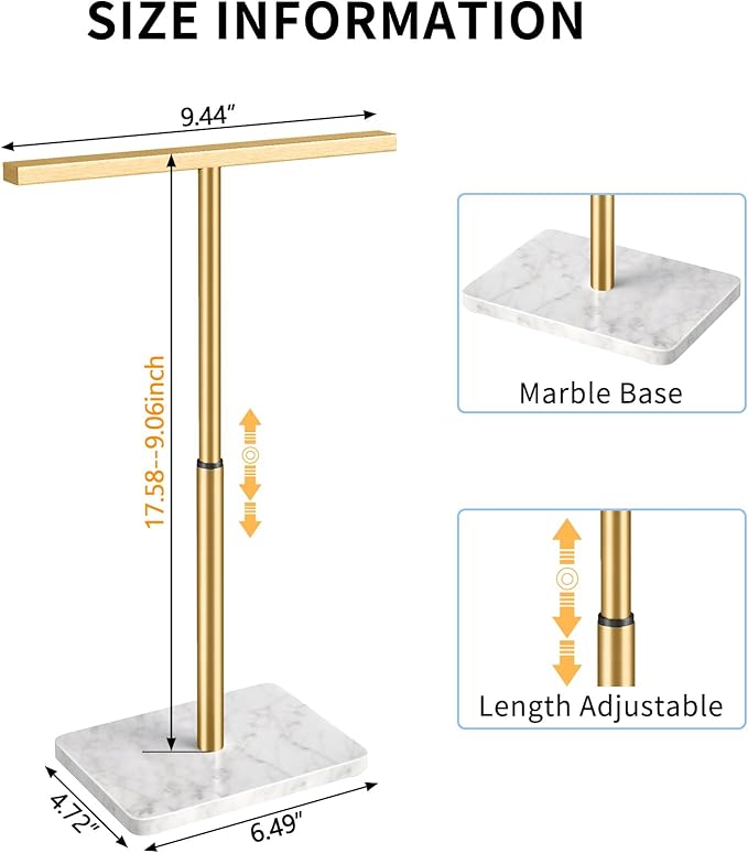 Hand Towel Holder, T-Shape Gold Hand Towel Stand for Bathroom, Towel Rack with Stainless Steel for Kitchen Vanity Countertop, Marble Base Adjustable 9.06inch -17.68inch
