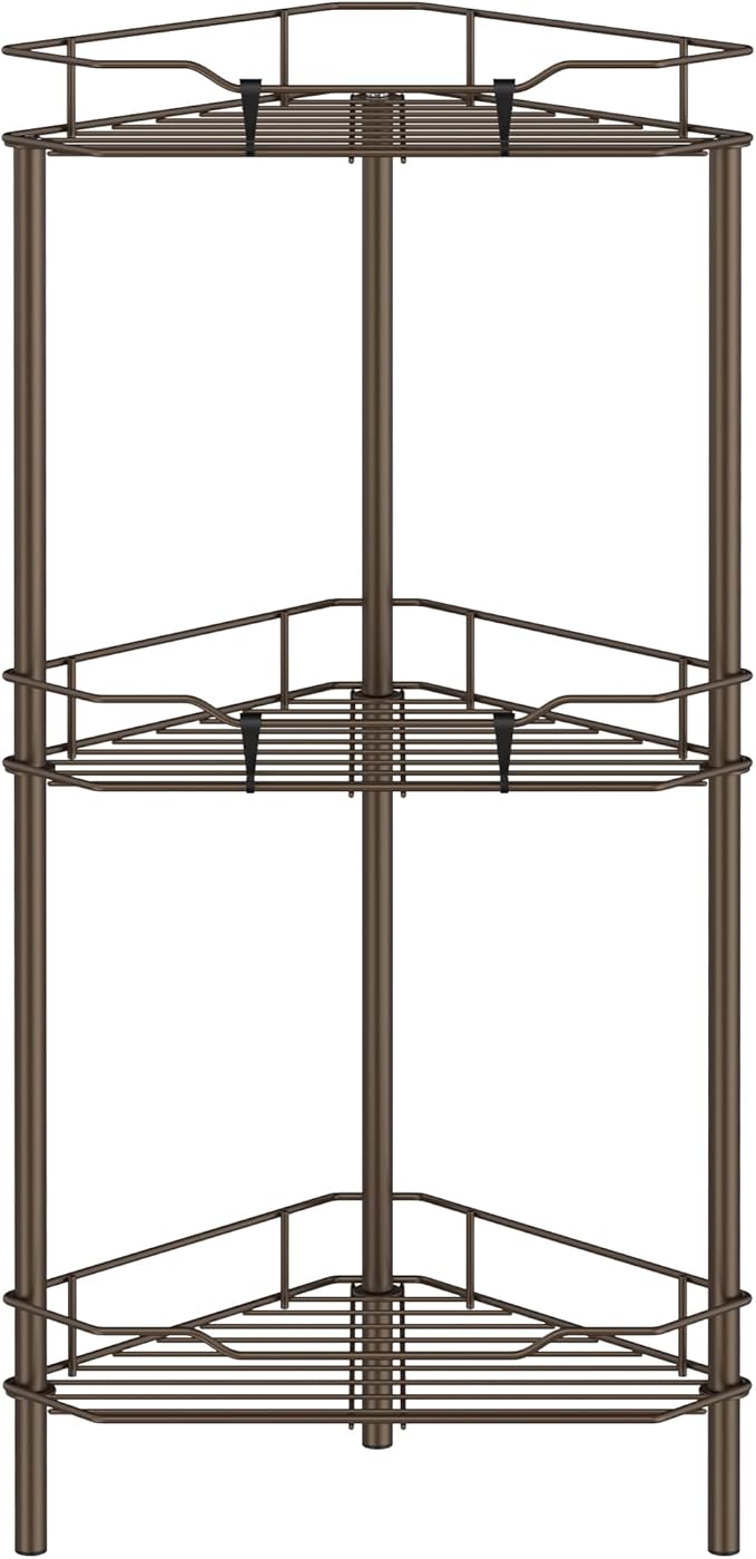 3 Tier Floor Standing Corner Shower Caddy Organizer Shelf with Hooks, Bathroom Shelves Stand Rack, Bronze