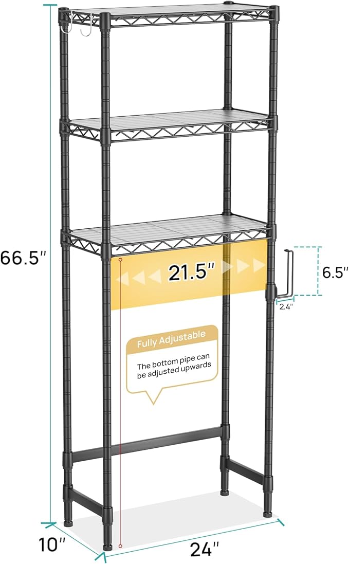 SINGAYE Over The Toilet Storage Shelf：3-Tier Bathroom Organizer and Storage Shelf with Adjustable Shelf and Basket Freestanding Space Saver Above Toilet for Room Black
