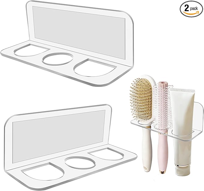 2-Pack Acrylic Hair Brush Holder Wall Mounted, Bathroom Organizer with Industrial Adhesive for Combs, Round Brushes, Hair Tools, Space Saving Design (Transparent)