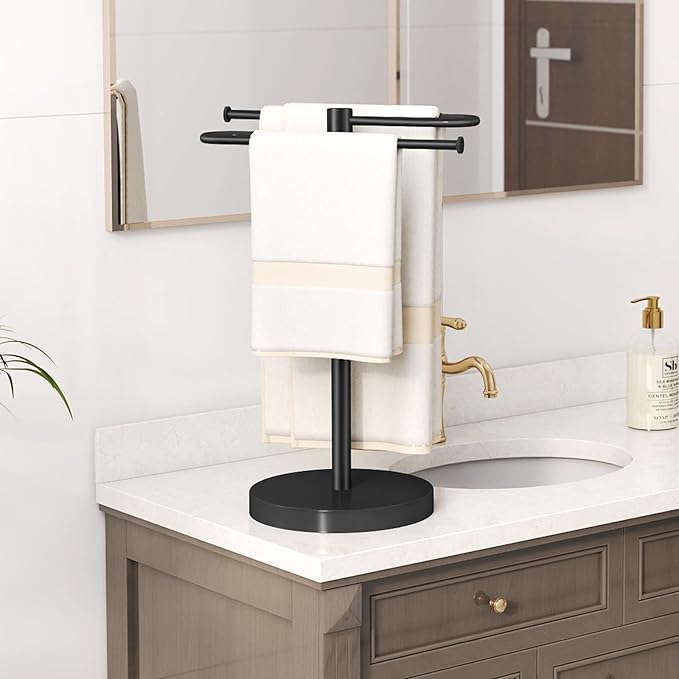Hand Towel Stand, Stainless Steel Towel Holder for Bathroom Countertop, 15.2 Inch S-Shape Weighted Base Standing Hand Towel Rack Bar Holds 2 Towels for Kitchen Vanity, Black