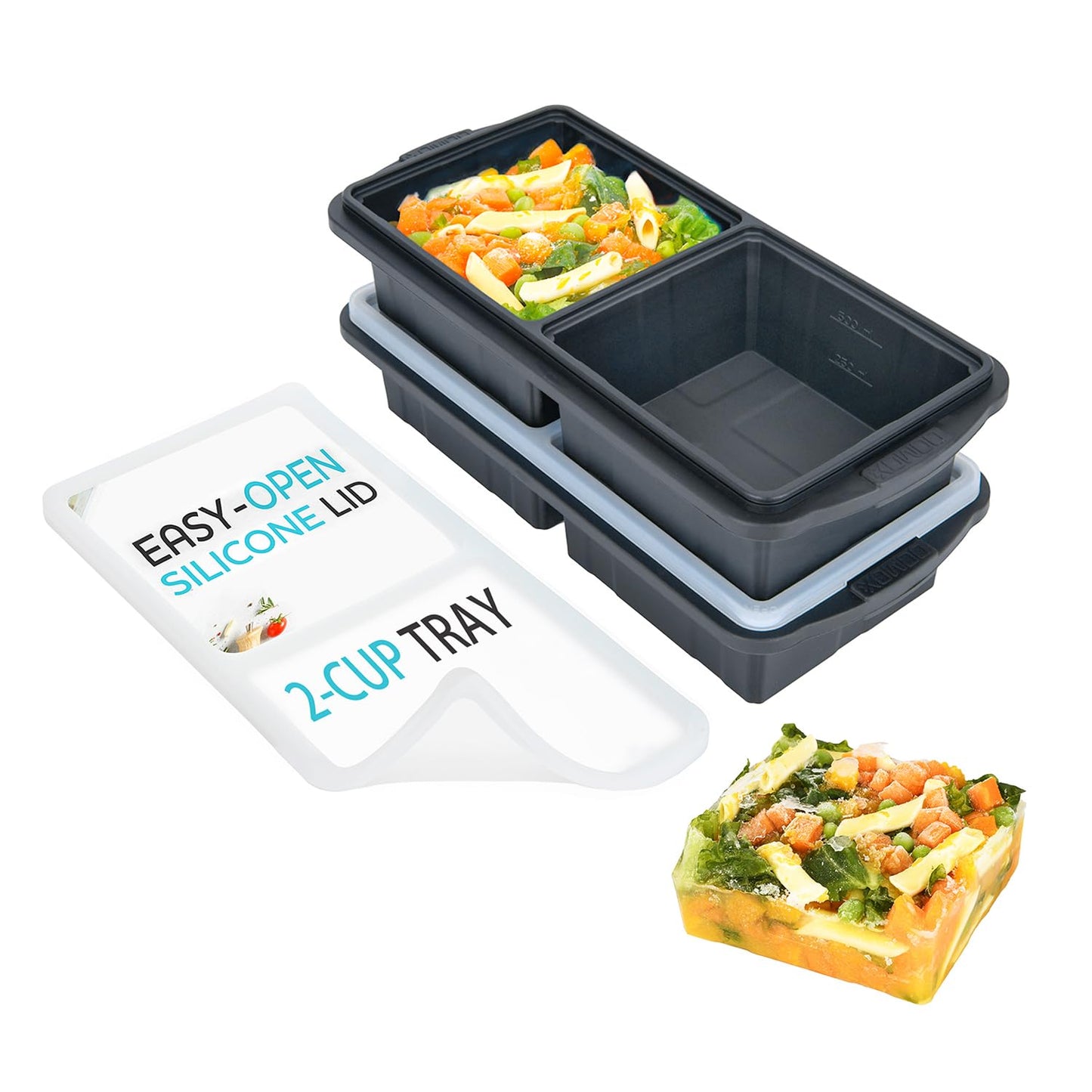XOMOO Silicone Freezer Tray With Lid - Soup Freezer Container molds - Large Ice Cube Tray- makes 8 perfect 1 cup portions cubes, 2-Pack Freezer Storage Food Soups & Meal Prep - Oven & Dishwasher -Safe