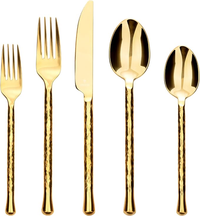 LINZOM Forged 20-Piece Matte Black Silverware Set, 18/10 Stainless Steel Flatware Service for 4, Rustic Black Flatware, Spoons Forks Set Home Kitchen Restaurant Housewarming, Dishwasher Safe
