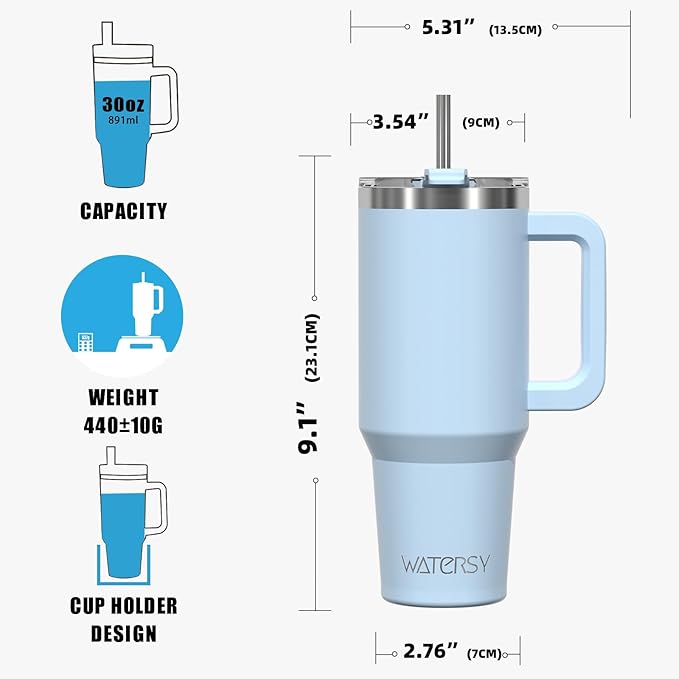 30 oz Tumbler with Handle,Tumbler with Lid and Straw,Double Wall Insulated Cup Stainless Steel Travel Mug(Cold for 34 Hours),Water Bottle for Iced Tea,Coffee,Cold Beverages(Blue)