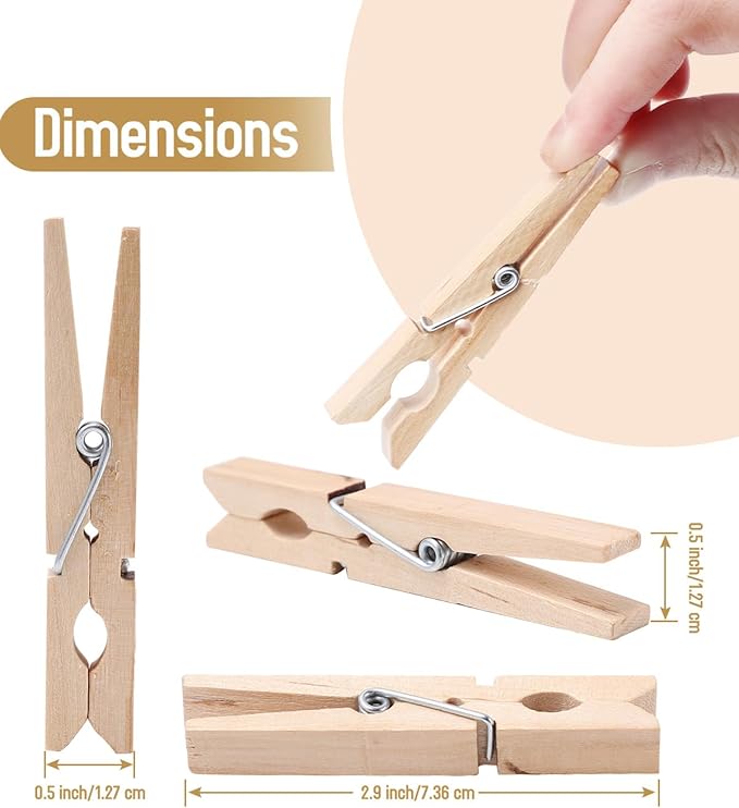 100 Pack Wooden Clothespins 2.9 Inch, Heavy-Duty Wood Rust-Resistant Clothes Pins, Solid Birch Clips for Laundry, Photo Wall Displays, Craft Projects & Classroom Decoration