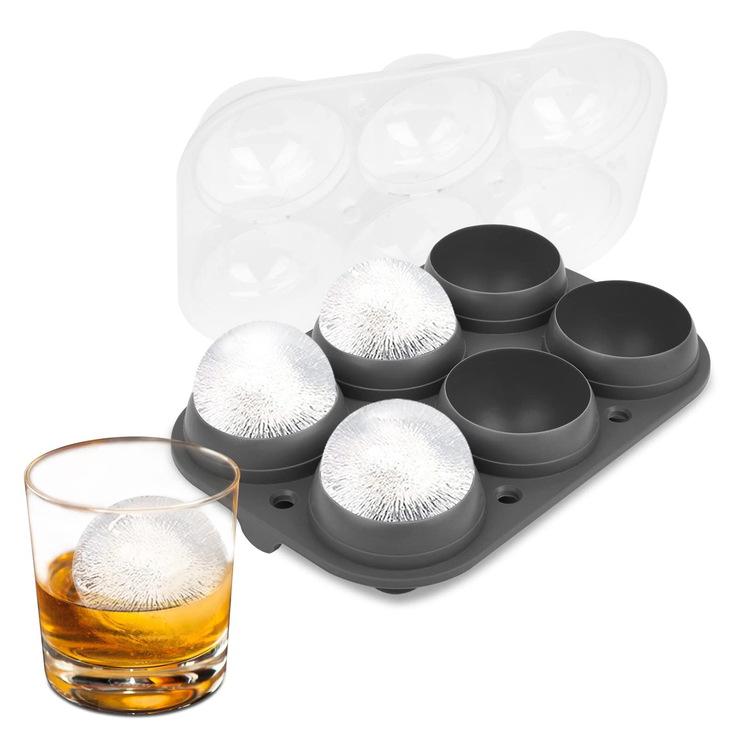 Samuelworld Large Ice Ball Maker with Lid, 12 x 2.5 Inch Ice Balls - Food Grade, Easy To Fill Round Silicone Ice Tray, Perfect Spheres Craft Ice Maker for Whiskey, Cocktails, Gifting - Grey