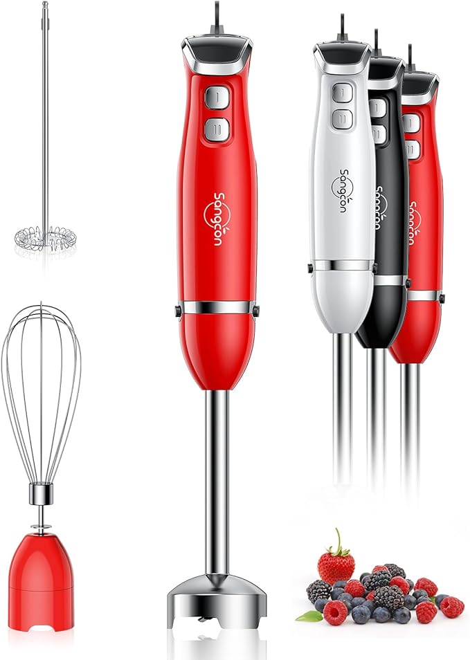 Sangcon Immersion Blender Handheld, 3-in-1 Hand Blender Electric, 400W Handheld Licuadora de mano, Stainless Steel Blade Stick Mixer with Whisk, Milk Frother Attachments White