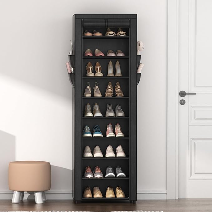 Shoe Rack with Cover Narrow Shoe Organizer with 4 Side Pockets 10 Tier Tall Shoe Storage Holds 18-22 Pairs Shoes and Boots Shoe Rack for Closet Entryway Garage