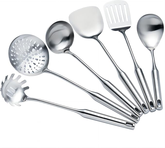 304 Stainless Steel Cooking Utensil Set 4-Piece Kitchen Utensils with Extra-Long Handles, Spatula,Ladle,Slotted Spoon,Slotted Spatula,One-Piece Construction, Ideal for Wok, Grilling, and Gifting