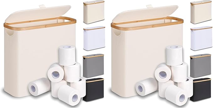 efluky Toilet Paper Basket 28L, Toilet Paper Holder with Lid for Bathroom, Free Standing Storage Organizer Holds Up to 9-12 Rolls (Beige, 1) (Pack of 2)