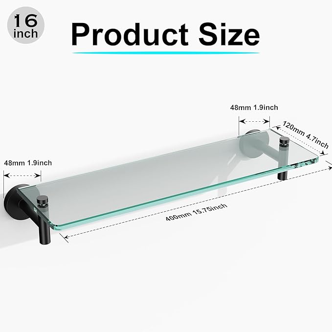 Glass Shelves for Bathroom,16-Inch Matte Black Floating Bathroom Shelf Stainless Steel Tempered Glass Shelf Modern Shelves Wall Mounted