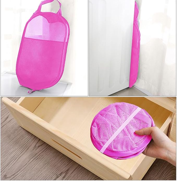 Larpur 2Pack Foldable Popup Laundry Basket, Collapsible Portable Mesh Clothes Washing Laundry Hamper with Reinforced Carry Handles (Pink)