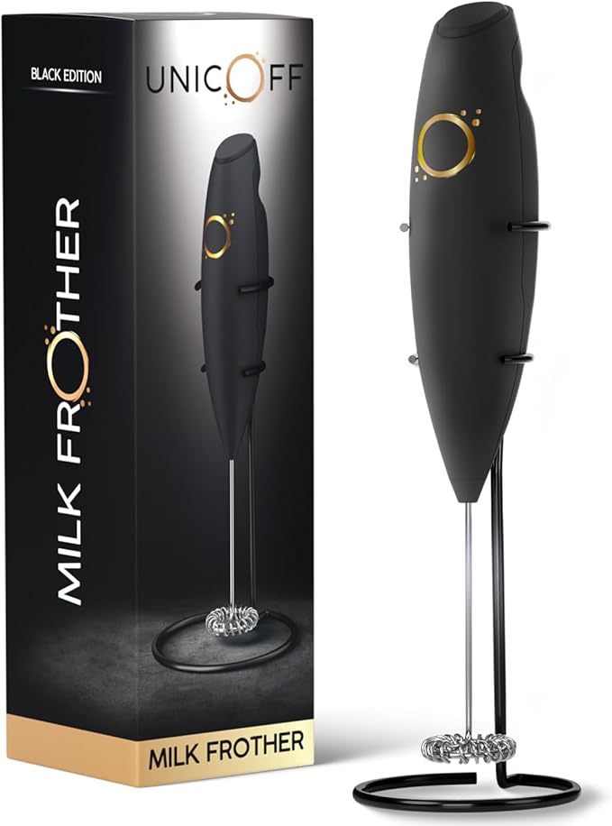 Unicoff Milk Frother Handheld with Stand, Coffee Mixer, Matte Black Onyx