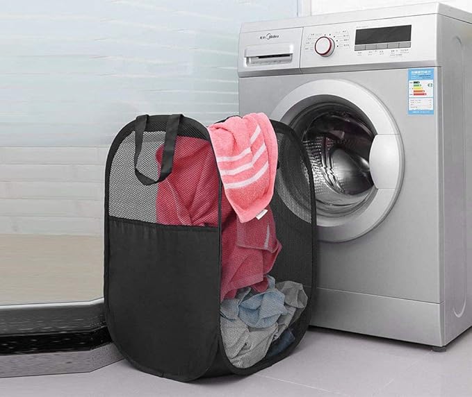 2 pop-up foldable mesh laundry baskets (each with 2 reinforced handles), black + blue…