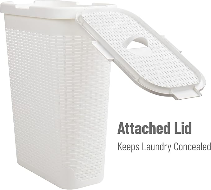 Mind Reader Slim Laundry Hamper with Lid, 40L Clothes Basket, Premium Wicker Design, Plastic, White