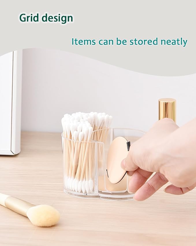 Akosale Makeup Pad Holder with Lid and Cotton Swab Storage, Clear Plastic 2-in-1 Dual Compartment Bathroom Vanity Organizer, Durable PS Canister for Cotton Rounds, Dental Flossers and Hair Ties