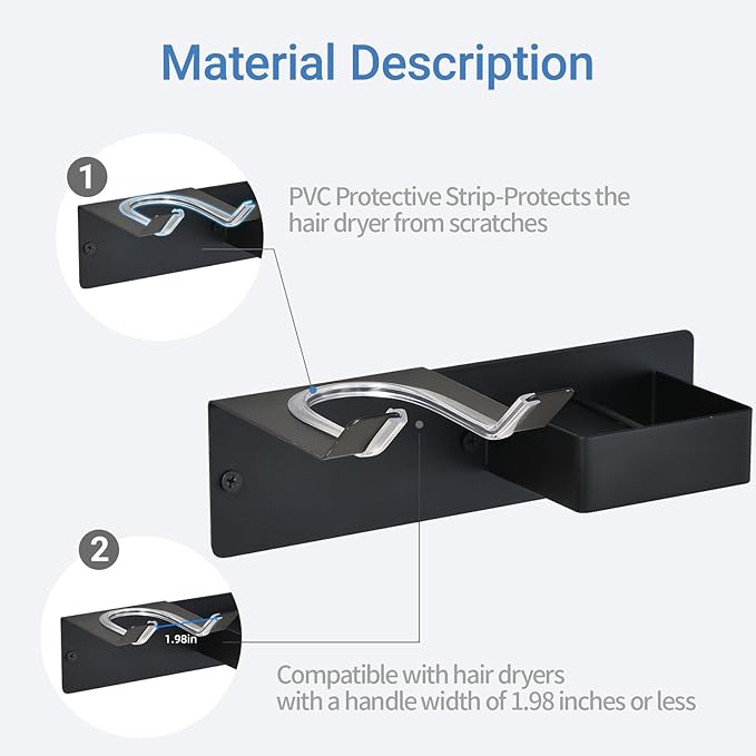 Hair Dryer Holder Wall Mounted, Hair Tool Organizer Wall Mount for Bathroom, Stainless Steel Hair Dryer Holder, Blow Dryer Holder Adhesive/Drilling Hair Dryer and Straightener Holder Black UEMUSI