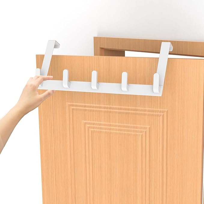 Over The Door Hooks Hanger with Extended Arms, Fits 1 3/8" Doors, L7U - Coat Rack, Bathroom Accessories and Towel Organizer Holder for Coat Robe Hat - 1 Pack, White