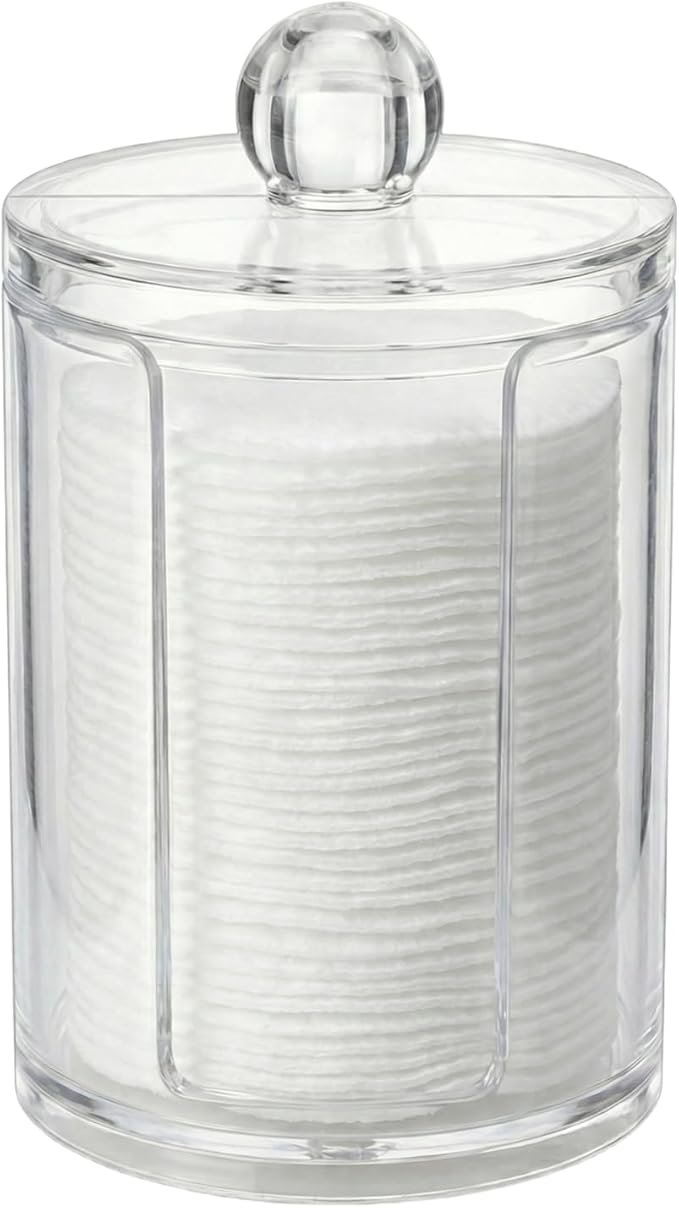 10oz Cotton Round Holder with Lid, Clear Plastic Makeup Pad Organizer with U-Shaped Side Slot, Vertical Dispenser for Cosmetic Cotton Rounds and Makeup Remover Pads, Compact Storage
