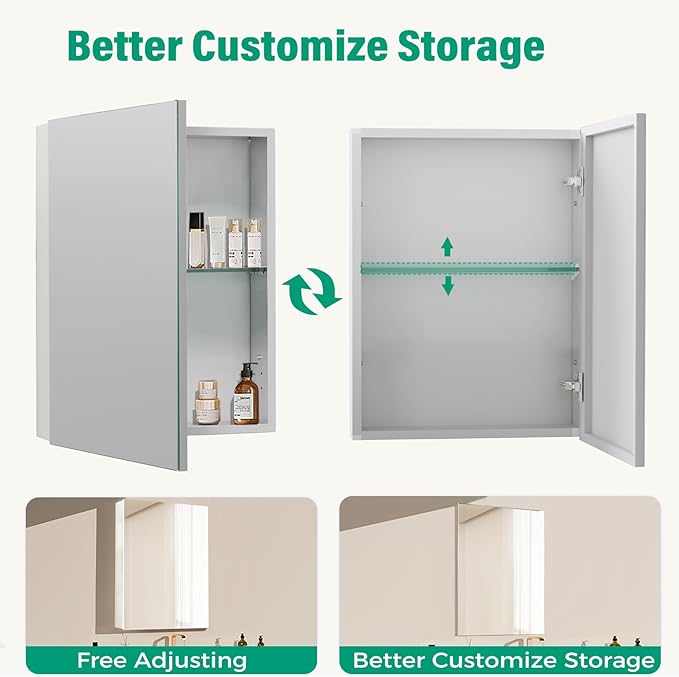 14 x 18 in Medicine Cabinet Mirror,Bathroom Mirror Cabinet with Adjustable Shelves, Aluminum Silver Medicine Cabinets for Bathroom,Vanity Decor,Wall Mounted or Recessed
