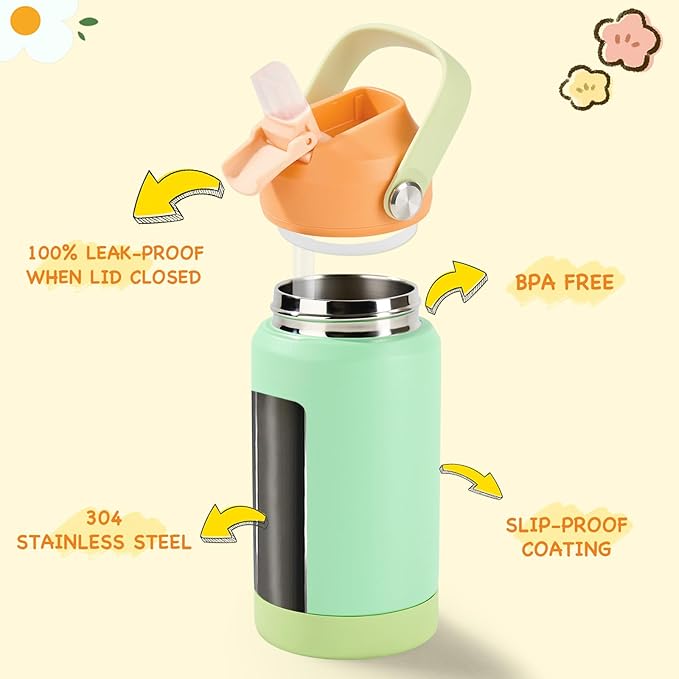 Kerilyn 12oz Kids Water Bottle 2 Pack, Stainless Steel Insulated Water Bottle Bulk, Toddler Cups with Straws Leak-Proof, Kids Water Bottles for School Boys Girls, BPA Free, 2 Piece Set Melon Couple