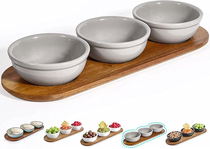 Artena 6oz Turquoise Solid Ceramic Chips and Dip Serving Platter with Acacia Wooden Tray, 4.5inch Glazing Small Serving Bowls/Dipping Dishes for Condiments,Side Dishes, Dipping, Pre, Dessert, Salsa