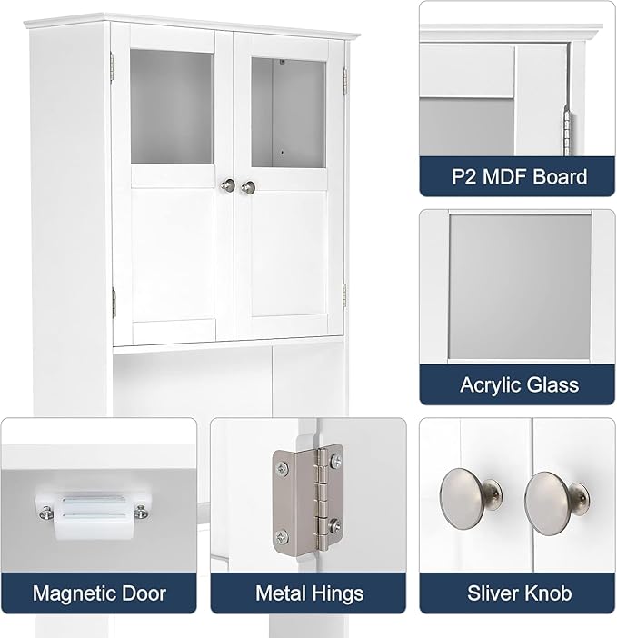 VINGLI Over The Toilet Storage Cabinet White Bathroom Storage Organizer Above The Toilet Shelf with Acrylic Glass Double Doors Wood Muebles para BañO Rack with Adjustable Shelf
