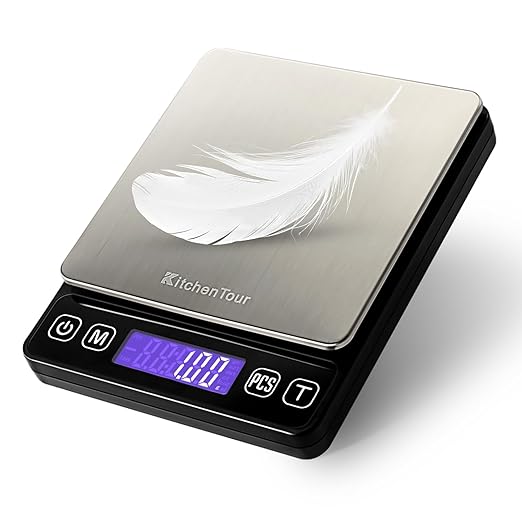 KitchenTour Mini Gram Scale for Coffee, Jewelry and Small Items, 500g x 0.01g Digital Pocket Scale with Tare, 6 Units, Back-Lit LCD, 2 Trays, Black
