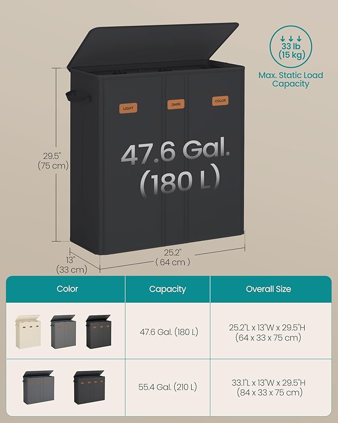 SONGMICS 47.6 Gallon (180 L) Laundry Hamper, 3-Compartment Laundry Basket Sorter with Lid, Labels, Removable Liner Bags, for Bedroom, Ink Black URLH013B01