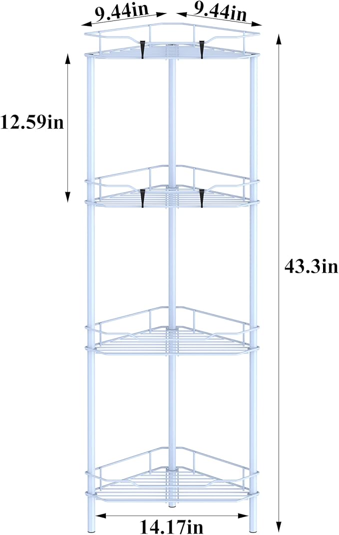 4 Tier Floor Standing Corner Shower Caddy Organizer Shelf with Hooks, Bathroom Shelves Stand Rack, Blue