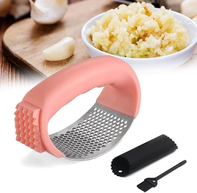 Garlic Press Rocker Stainless Steel, Garlic Crusher with Peeler & Cleaning Brush, Easy to Use Garlic Mincer for Kitchen Cooking, Ergonomic Garlic Chopper Tool, Durable Garlic Presser Gadget (Green)