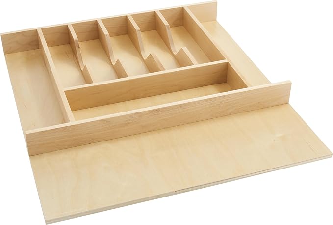 Rev-A-Shelf Trim-to-Fit Silverware Drawer Organizer for Kitchen Utensil Cutlery Cabinet Storage, Natural Maple Wood 9 Compartment Tray Insert, 4WCT-3