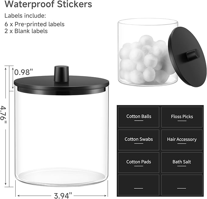 TIPGO Glass Qtip Holder Dispenser - 24 oz Clear Canister Jar, Bathroom Vanity Storage Organizer for Cotton Swabs, Pads, Floss Picks, Small Containers for Makeup Storage (Black)